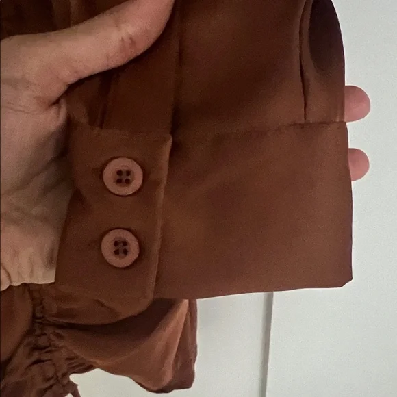 Mable Brown Satin Rouched Mini Dress Size Small - Picture 6 of 7